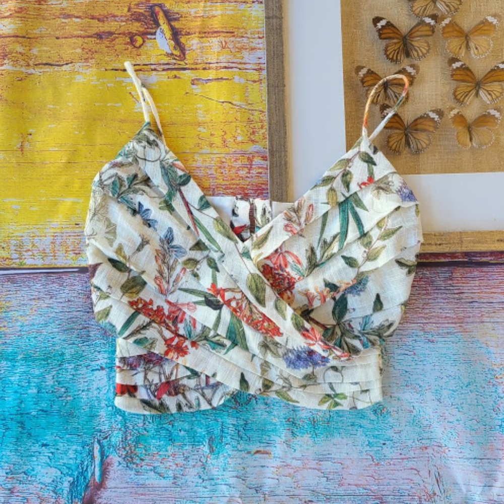 Zara Botanical Floral Cotton Pleated Crop Top S